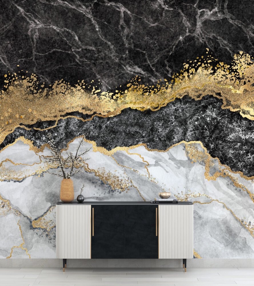Wall Wonder: Black, White & Gold Marble Mural