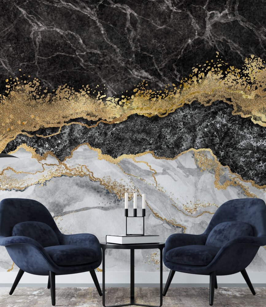 Wall Wonder: Black, White & Gold Marble Mural