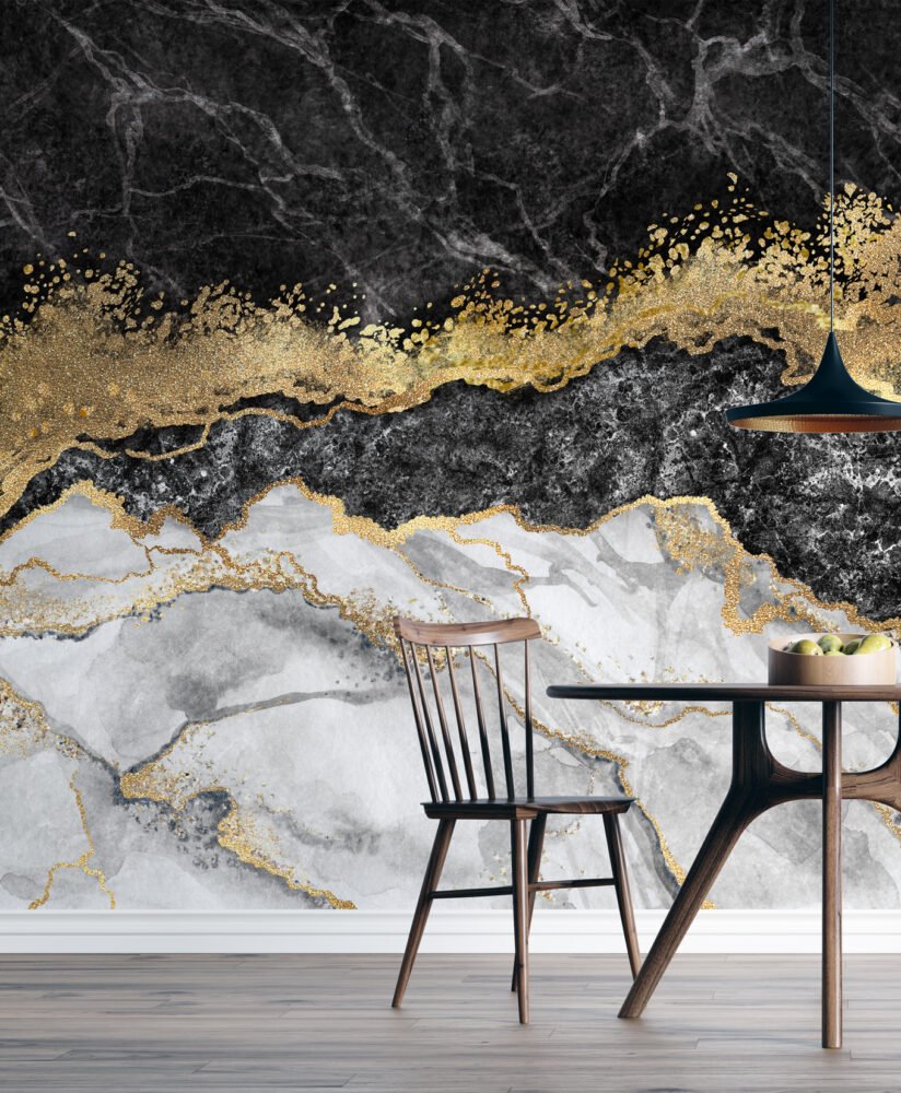 Wall Wonder: Black, White & Gold Marble Mural