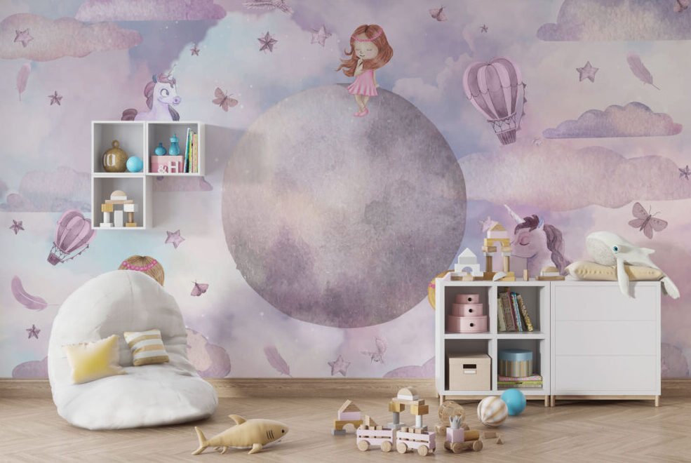Wall Wonder : Whimsical Girl & Moon Wallpaper