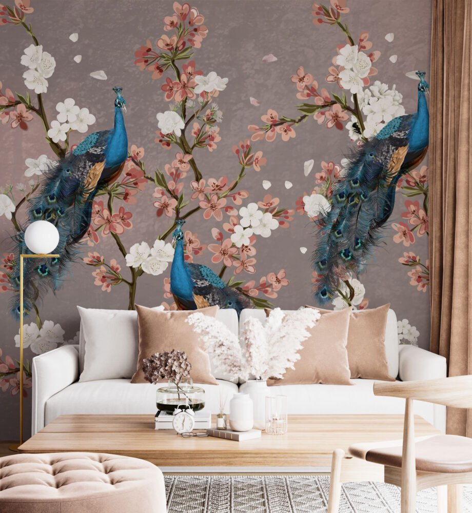 Wall Wonder : Cherry Blossom Peacock Wallpaper