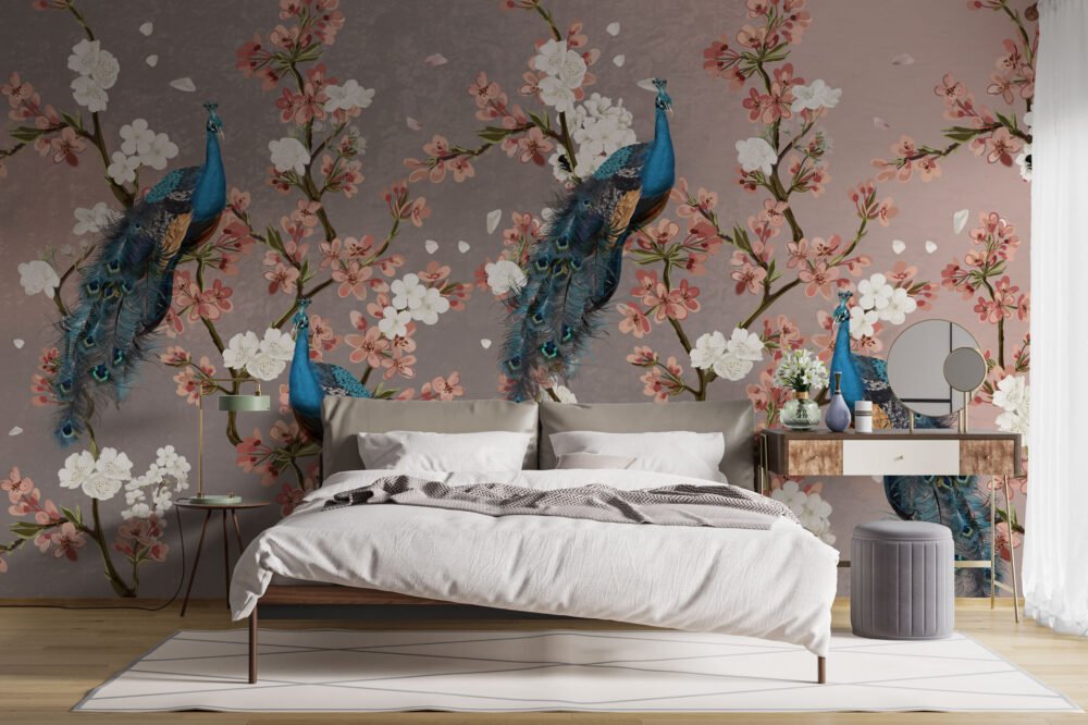 Wall Wonder : Cherry Blossom Peacock Wallpaper