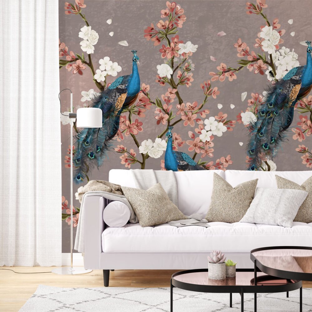 Wall Wonder : Cherry Blossom Peacock Wallpaper