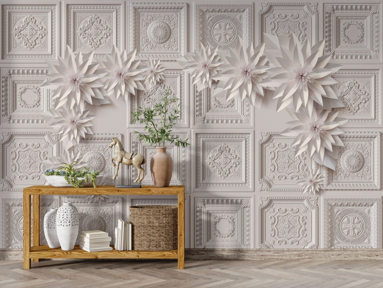 Wall Wonder: Elegant Panel & Flower Mural