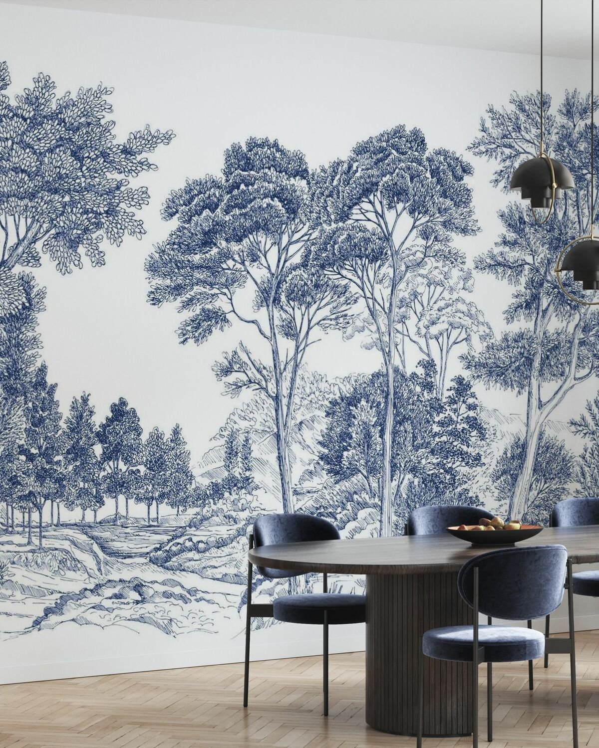 Wall Wonder: Blue Toile Landscape Mural